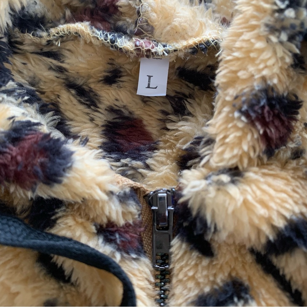 LEOPARD Print & Black Faux Fur Plush Sherpa Hoodie Sweatshirt Women’s Size Large - Picture 5 of 10